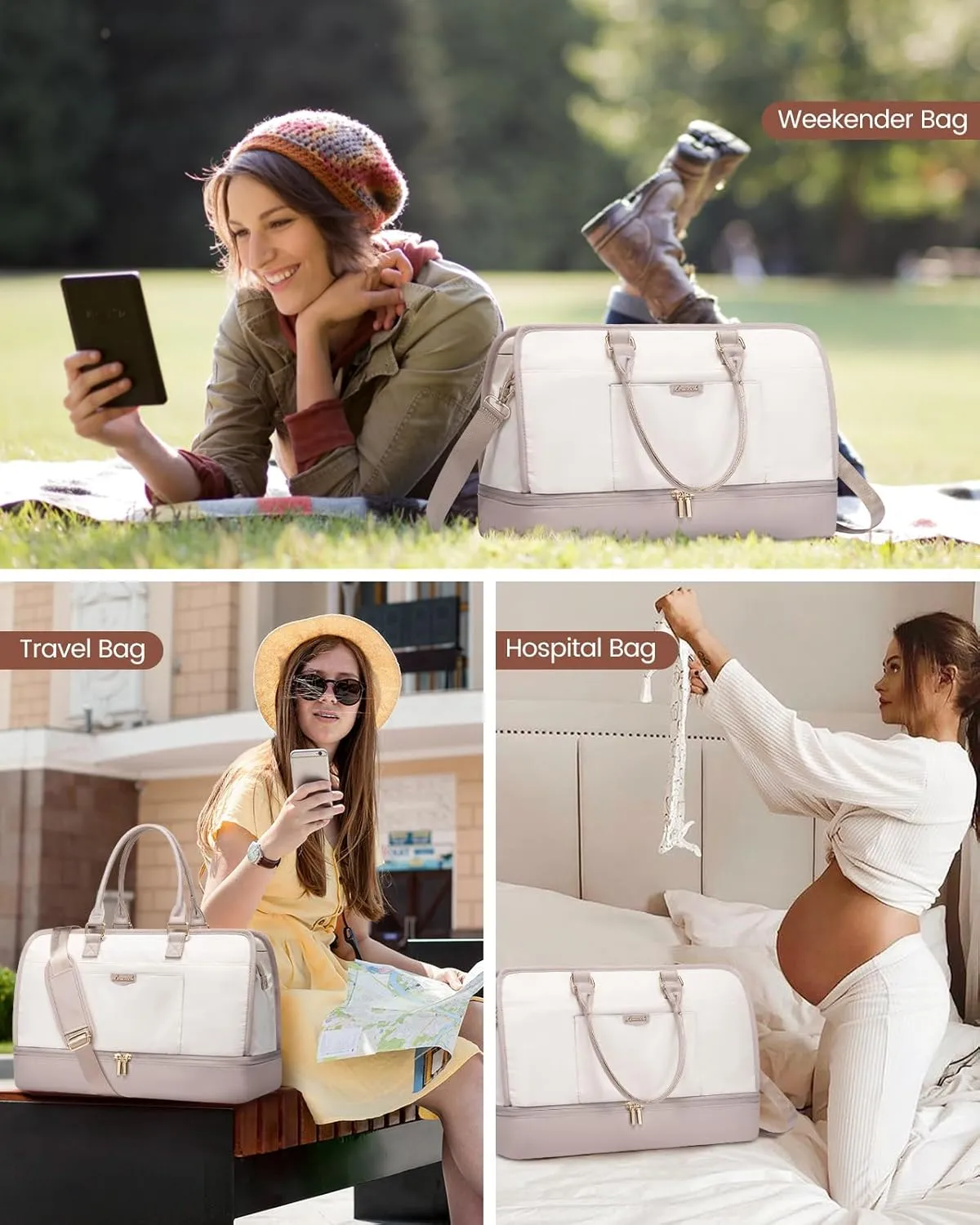 LOVEVOOK Travel Duffel Bag For Women, Weekender Bags With Shoe Compartment, Air Approved Overnight Carry-on Bags With Wet Pocket, Gym Tote Bag, Hospital Bag, 2Pcs