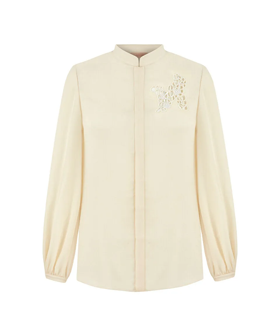Machka Bead-Embroidered High Neck Shirt Light Beige