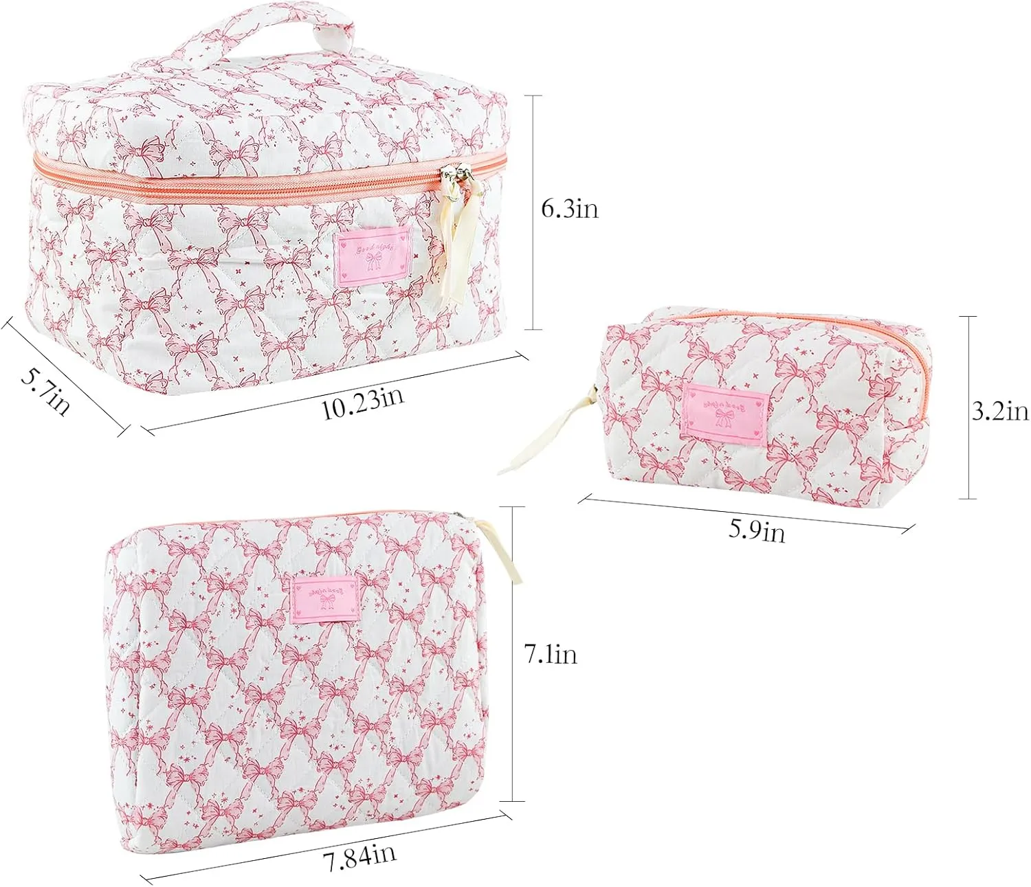 Makeup Bag, 3PC Quilted Makeup Bag Set Cotton Aesthetic Travel Large Cute Cosmetic Toiletry Bag for Women Girls