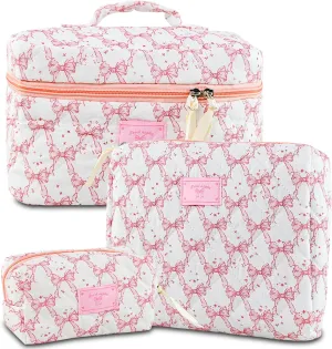 Makeup Bag, 3PC Quilted Makeup Bag Set Cotton Aesthetic Travel Large Cute Cosmetic Toiletry Bag for Women Girls