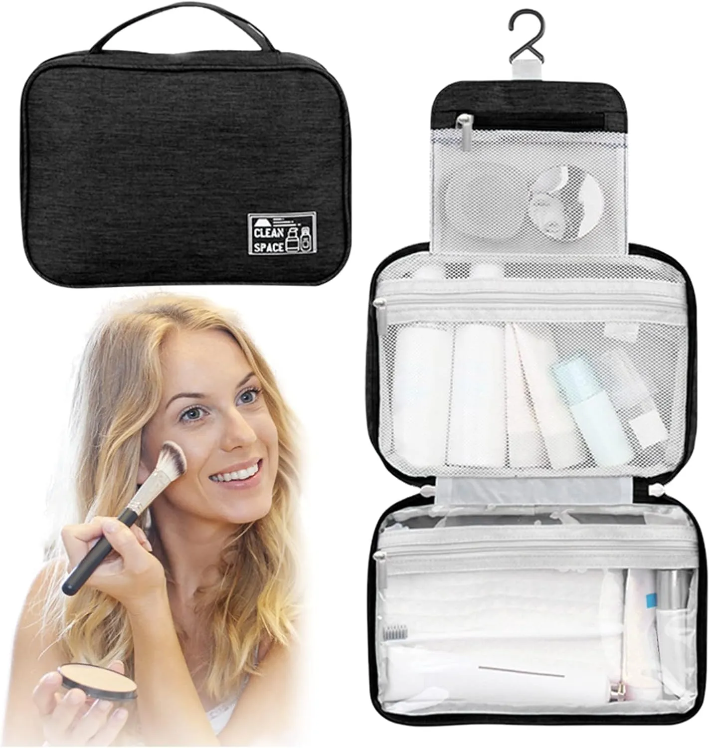 Makeup Toiletry Bag Travel Makeup Cosmetic Bag Large Hanging Toiletry Bag Storage with 3 Compartments Travel Organizer for Men and Women