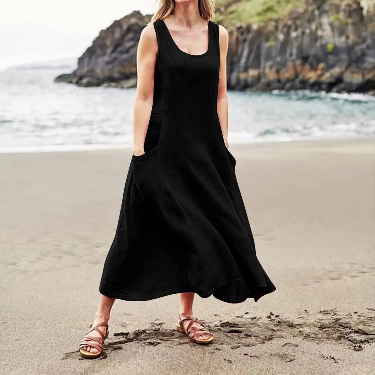 Maxi Dress for Women,2024 Summer Trendy Sleeveless Cotton Linen Dress,Casual Loose Flowy Ruched Sundress with Pockets