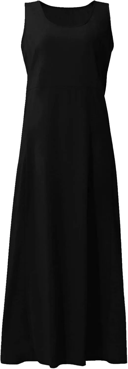 Maxi Dress for Women,2024 Summer Trendy Sleeveless Cotton Linen Dress,Casual Loose Flowy Ruched Sundress with Pockets
