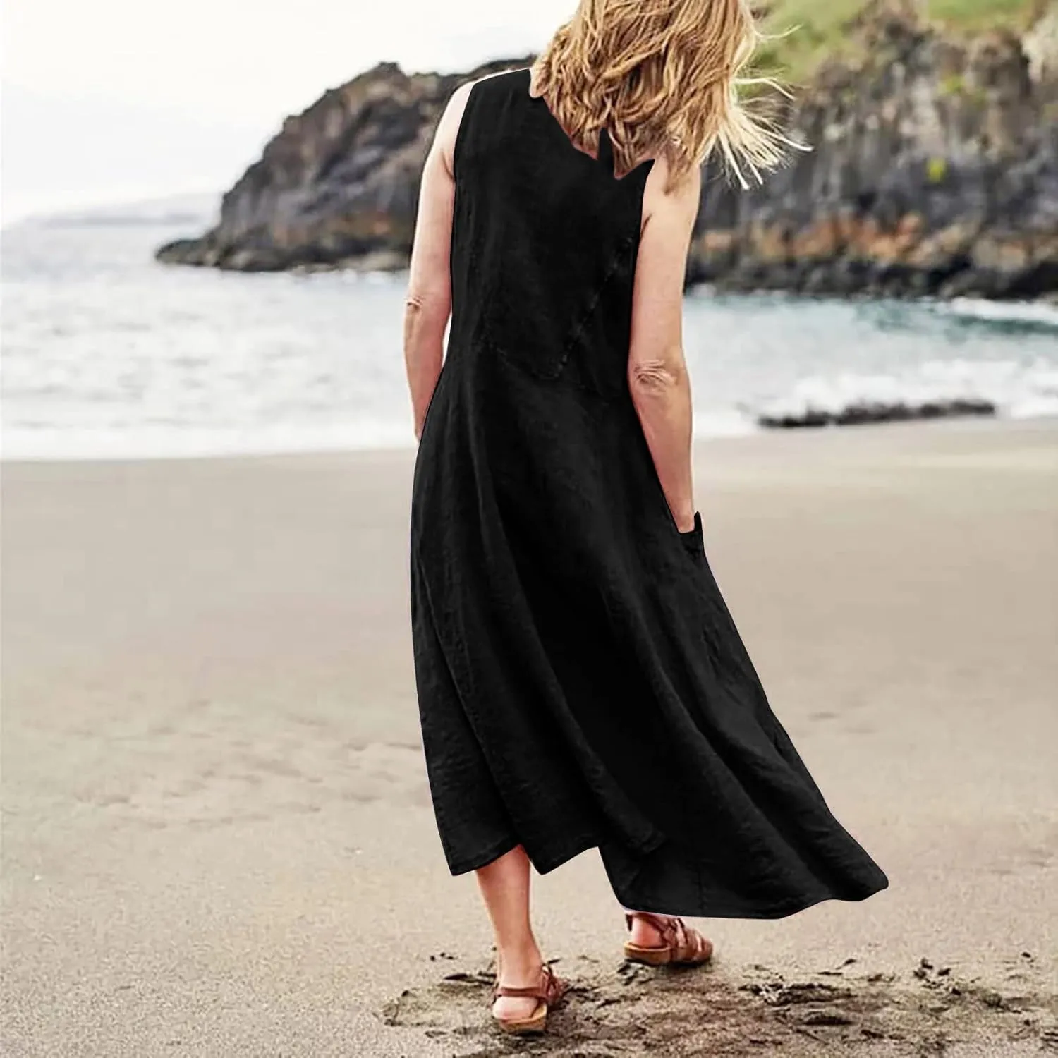 Maxi Dress for Women,2024 Summer Trendy Sleeveless Cotton Linen Dress,Casual Loose Flowy Ruched Sundress with Pockets