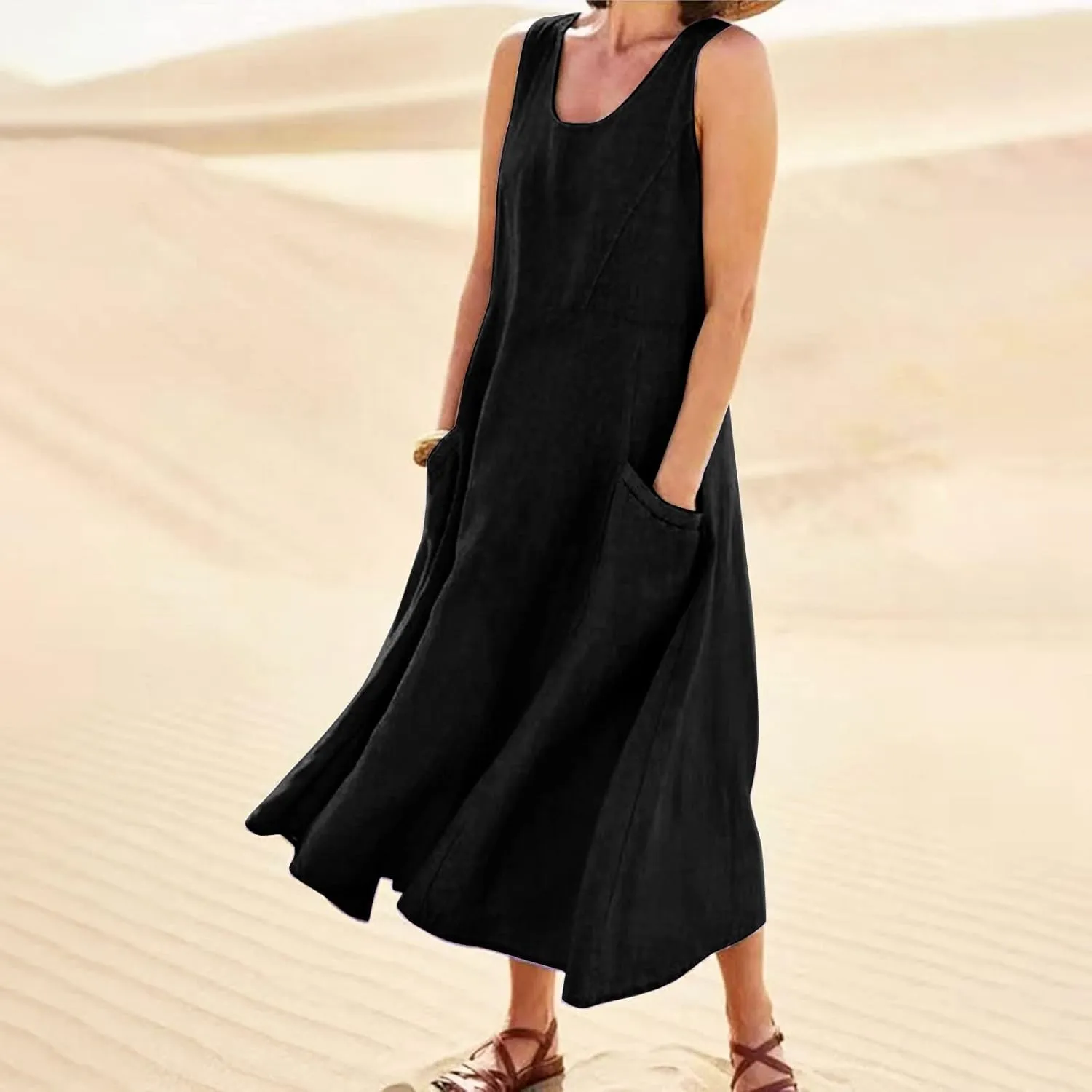 Maxi Dress for Women,2024 Summer Trendy Sleeveless Cotton Linen Dress,Casual Loose Flowy Ruched Sundress with Pockets
