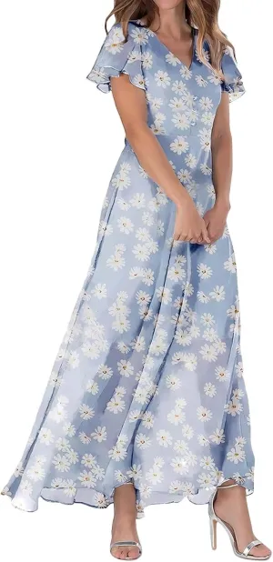 Maxi Dresses for Women plus Size Floral V Neck Short Sleeved Long Dress Summer Dresses for Women Beach with Sleeves
