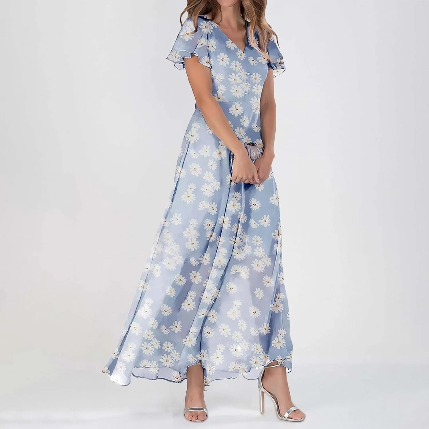 Maxi Dresses for Women plus Size Floral V Neck Short Sleeved Long Dress Summer Dresses for Women Beach with Sleeves
