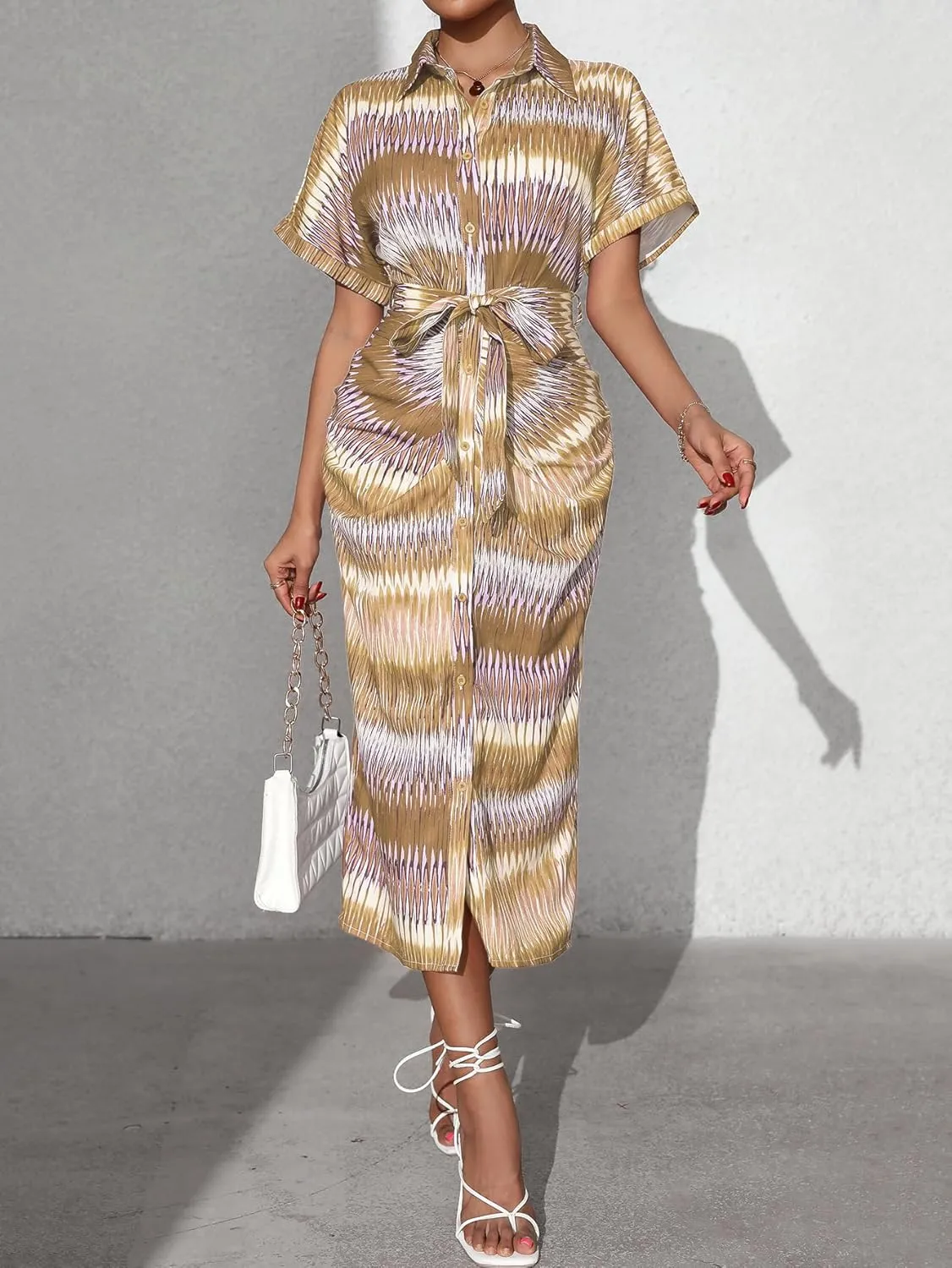 Maxi Shirt Dress for Women Striped Button Front Pleated Summer Dresses Short Sleeve Collar Long Dress