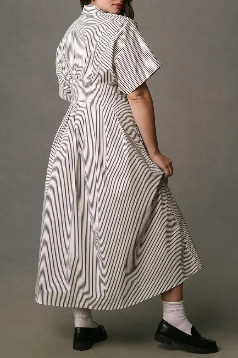 Maxi Shirt Dress for Women Striped Button Front Pleated Summer Dresses Short Sleeve Collar Long Dress