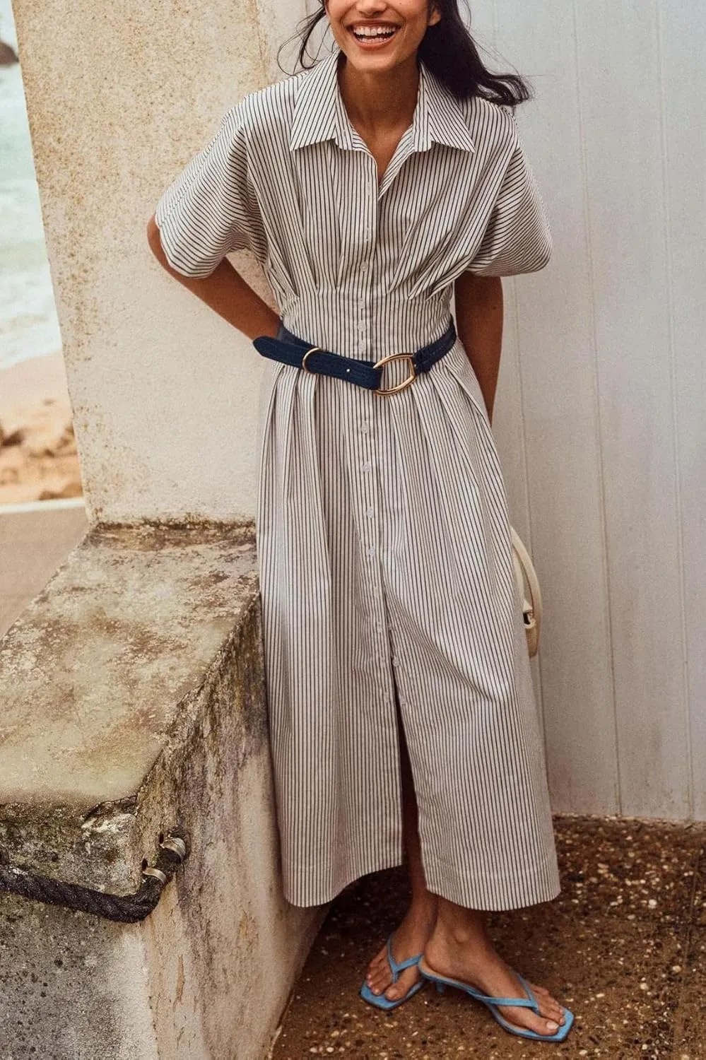 Maxi Shirt Dress for Women Striped Button Front Pleated Summer Dresses Short Sleeve Collar Long Dress