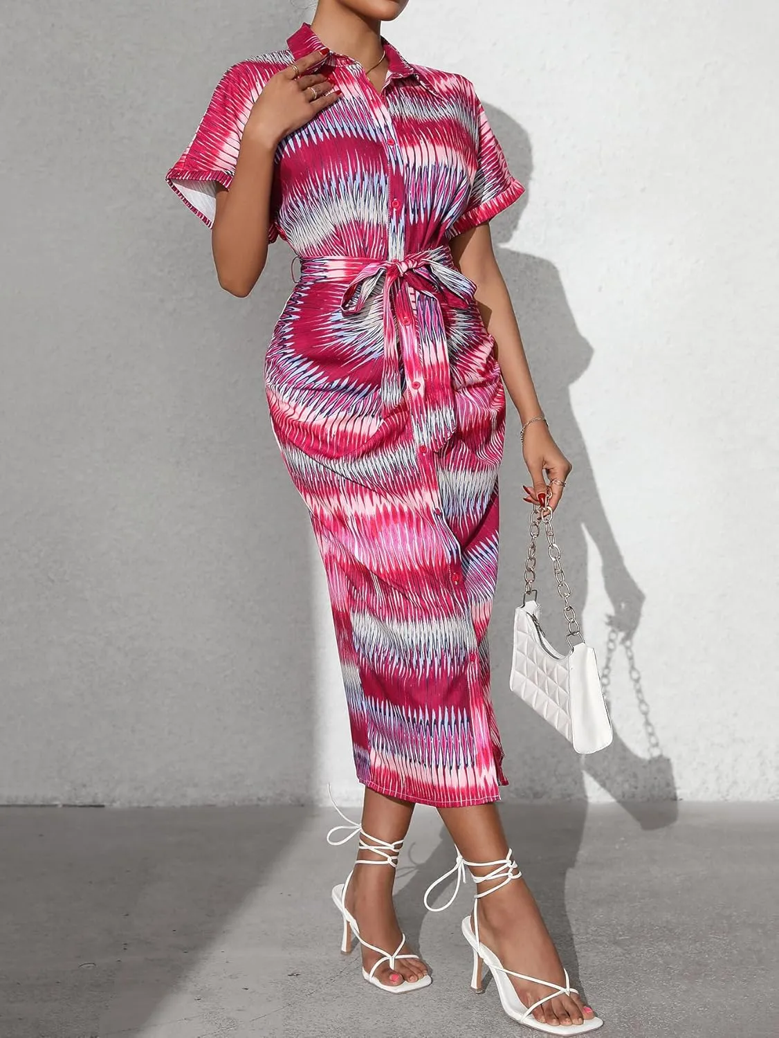 Maxi Shirt Dress for Women Striped Button Front Pleated Summer Dresses Short Sleeve Collar Long Dress