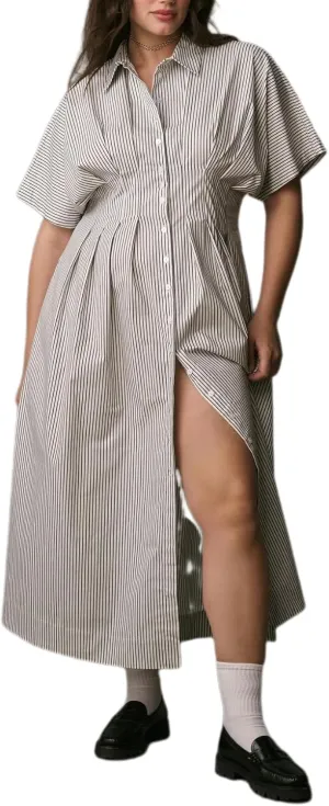 Maxi Shirt Dress for Women Striped Button Front Pleated Summer Dresses Short Sleeve Collar Long Dress