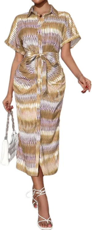 Maxi Shirt Dress for Women Striped Button Front Pleated Summer Dresses Short Sleeve Collar Long Dress