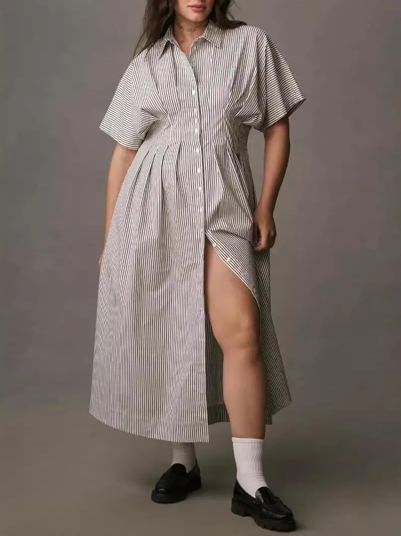 Maxi Shirt Dress for Women Striped Button Front Pleated Summer Dresses Short Sleeve Collar Long Dress