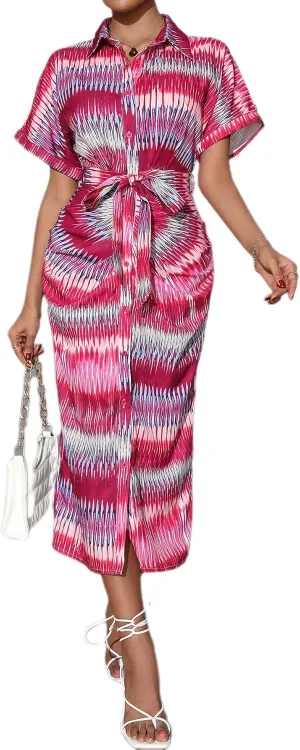 Maxi Shirt Dress for Women Striped Button Front Pleated Summer Dresses Short Sleeve Collar Long Dress