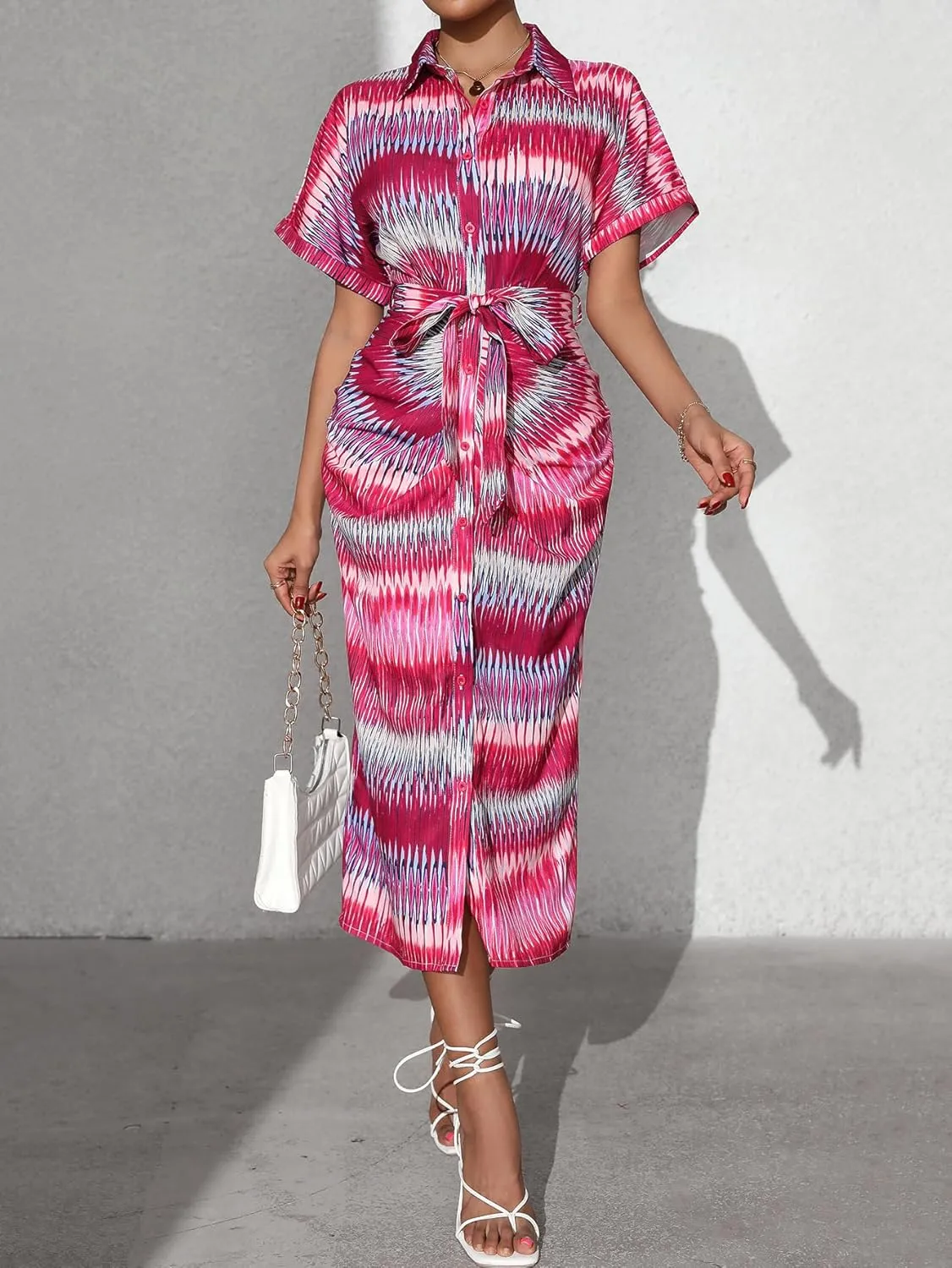 Maxi Shirt Dress for Women Striped Button Front Pleated Summer Dresses Short Sleeve Collar Long Dress