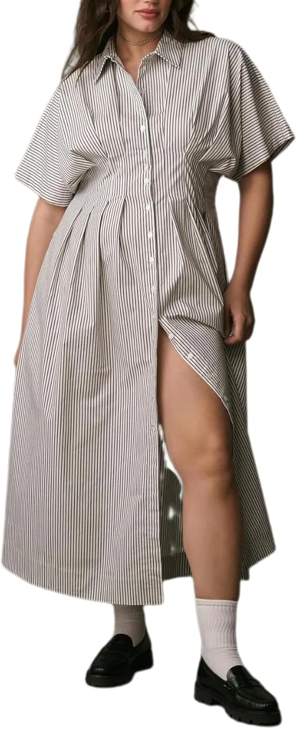 Maxi Shirt Dress for Women Striped Button Front Pleated Summer Dresses Short Sleeve Collar Long Dress