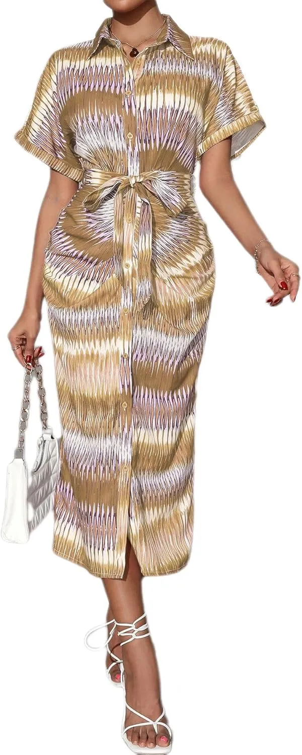 Maxi Shirt Dress for Women Striped Button Front Pleated Summer Dresses Short Sleeve Collar Long Dress