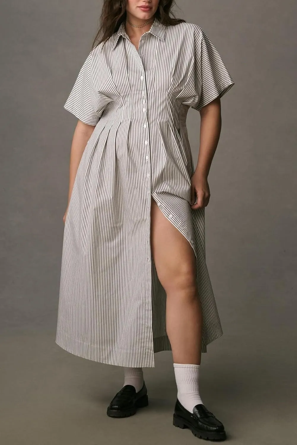 Maxi Shirt Dress for Women Striped Button Front Pleated Summer Dresses Short Sleeve Collar Long Dress