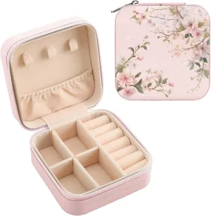 MAYCARI Pink Leather Square Travel Makeup Bag Floral Bloom FlowersLeather Makeup Case Portable Jewelry Organizer Case for Women Daughter Mother Birthday Christmas Gifts