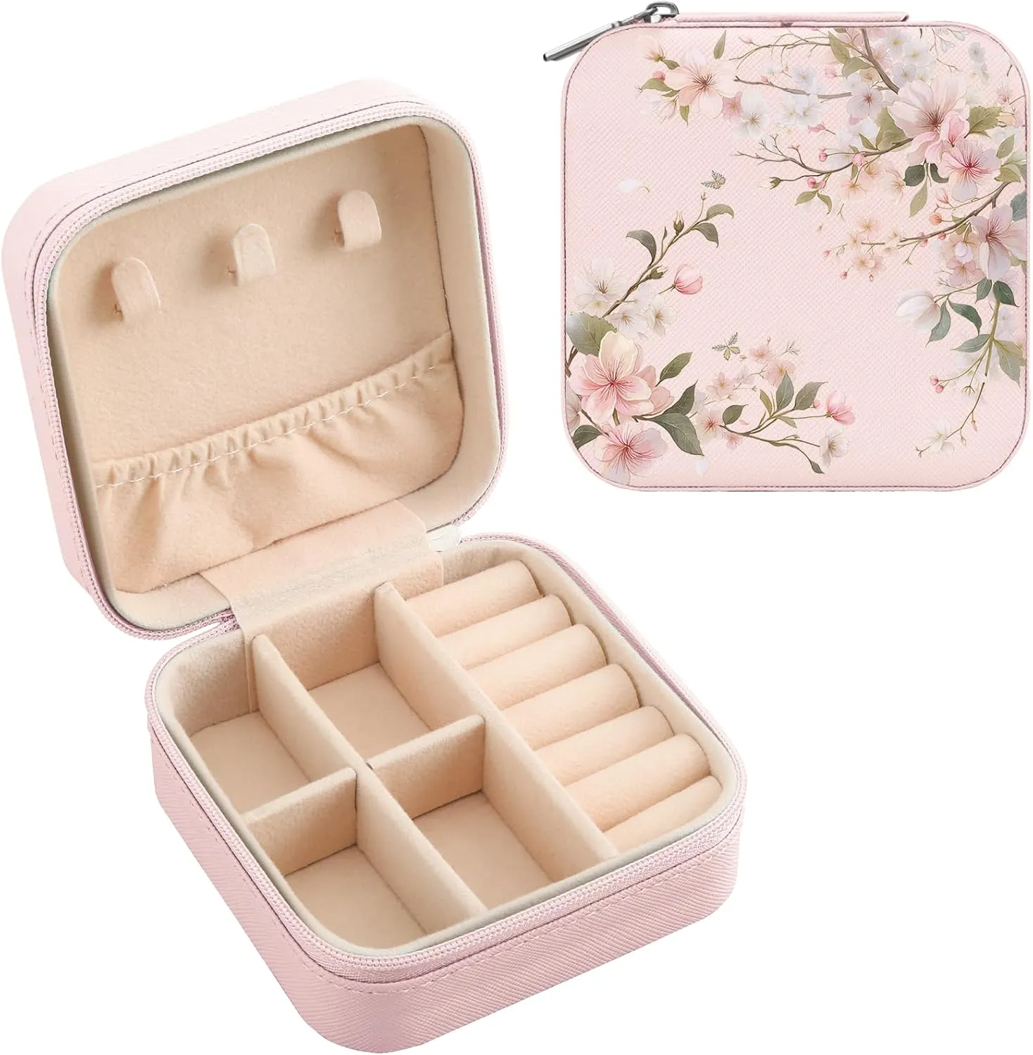 MAYCARI Pink Leather Square Travel Makeup Bag Floral Bloom FlowersLeather Makeup Case Portable Jewelry Organizer Case for Women Daughter Mother Birthday Christmas Gifts