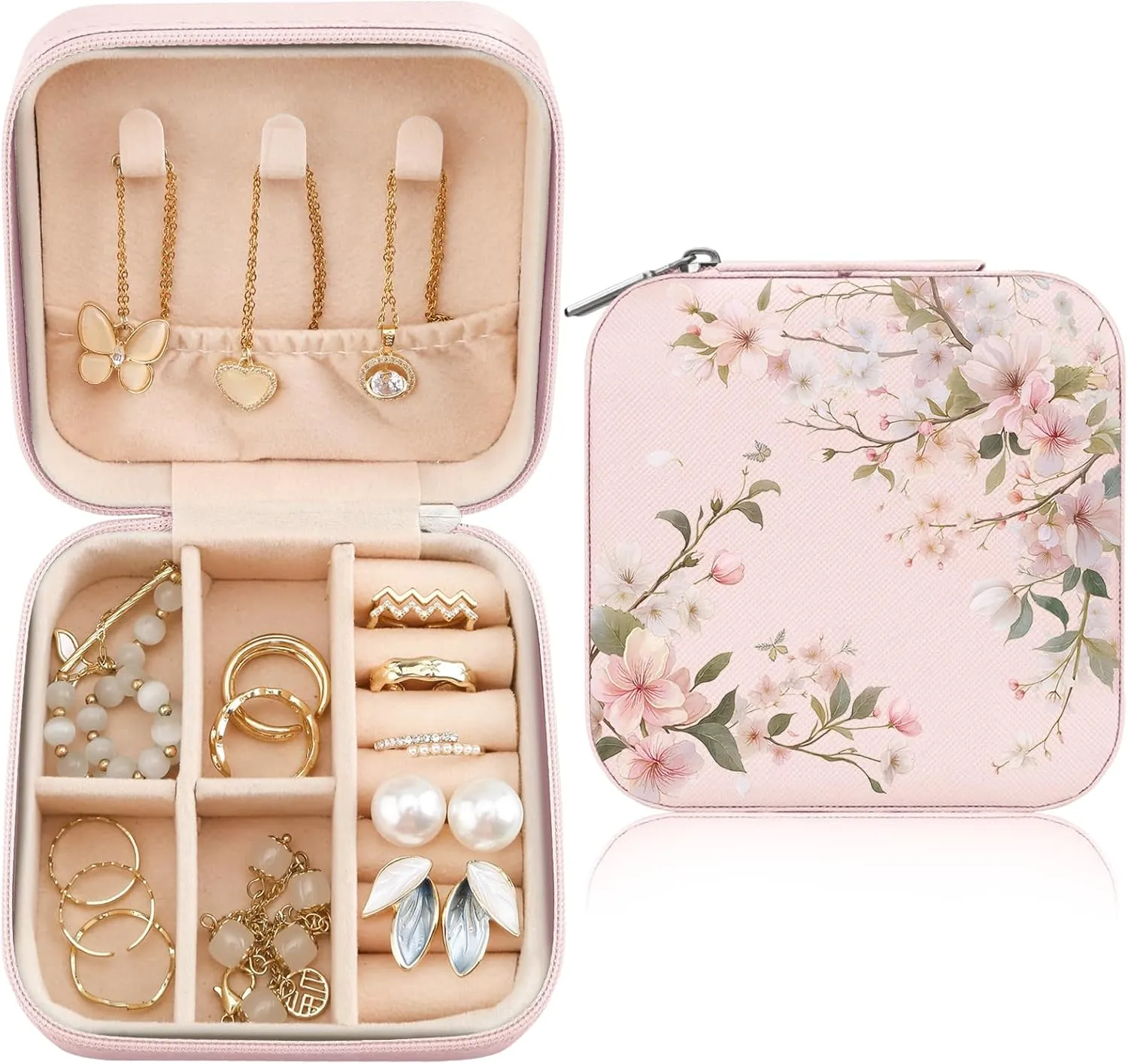 MAYCARI Pink Leather Square Travel Makeup Bag Floral Bloom FlowersLeather Makeup Case Portable Jewelry Organizer Case for Women Daughter Mother Birthday Christmas Gifts