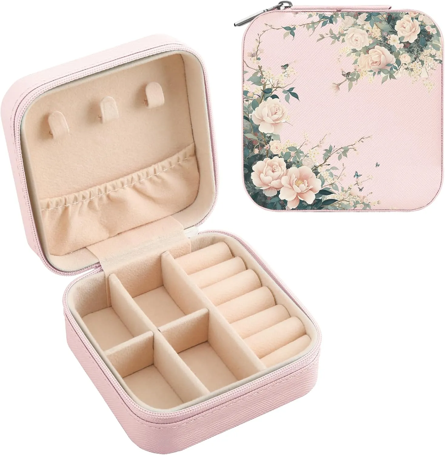 MAYCARI Pink Leather Square Travel Makeup Bag Floral Flowers Art Leather Makeup Case Portable Jewelry Organizer Case for Women Daughter Mother Birthday Christmas Gifts