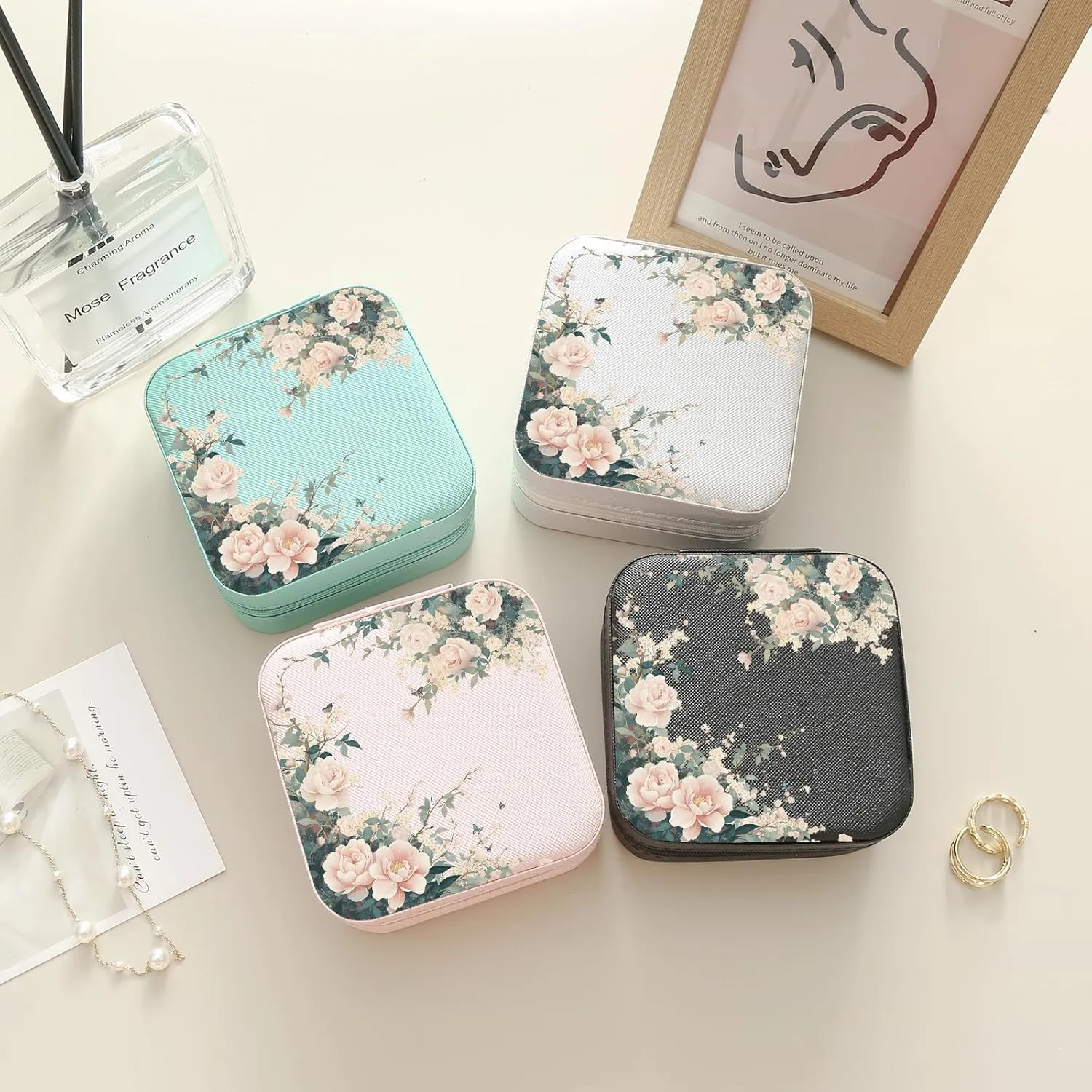 MAYCARI Pink Leather Square Travel Makeup Bag Floral Flowers Art Leather Makeup Case Portable Jewelry Organizer Case for Women Daughter Mother Birthday Christmas Gifts