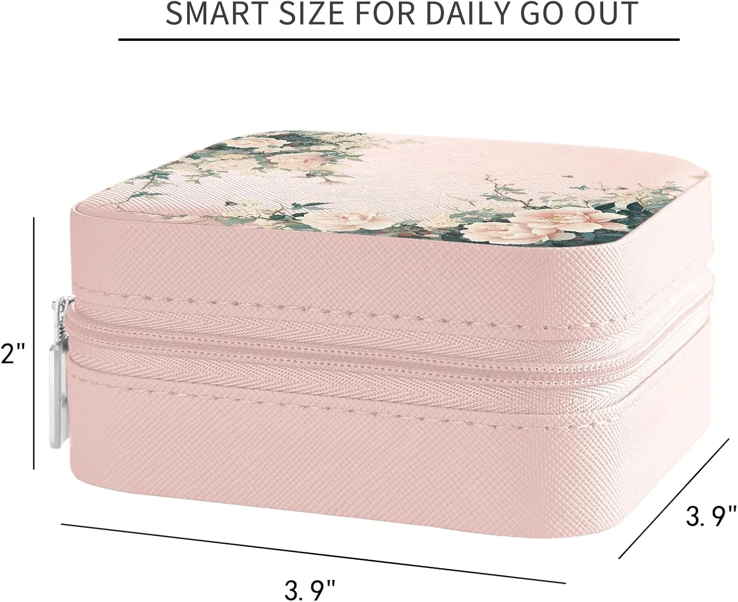 MAYCARI Pink Leather Square Travel Makeup Bag Floral Flowers Art Leather Makeup Case Portable Jewelry Organizer Case for Women Daughter Mother Birthday Christmas Gifts
