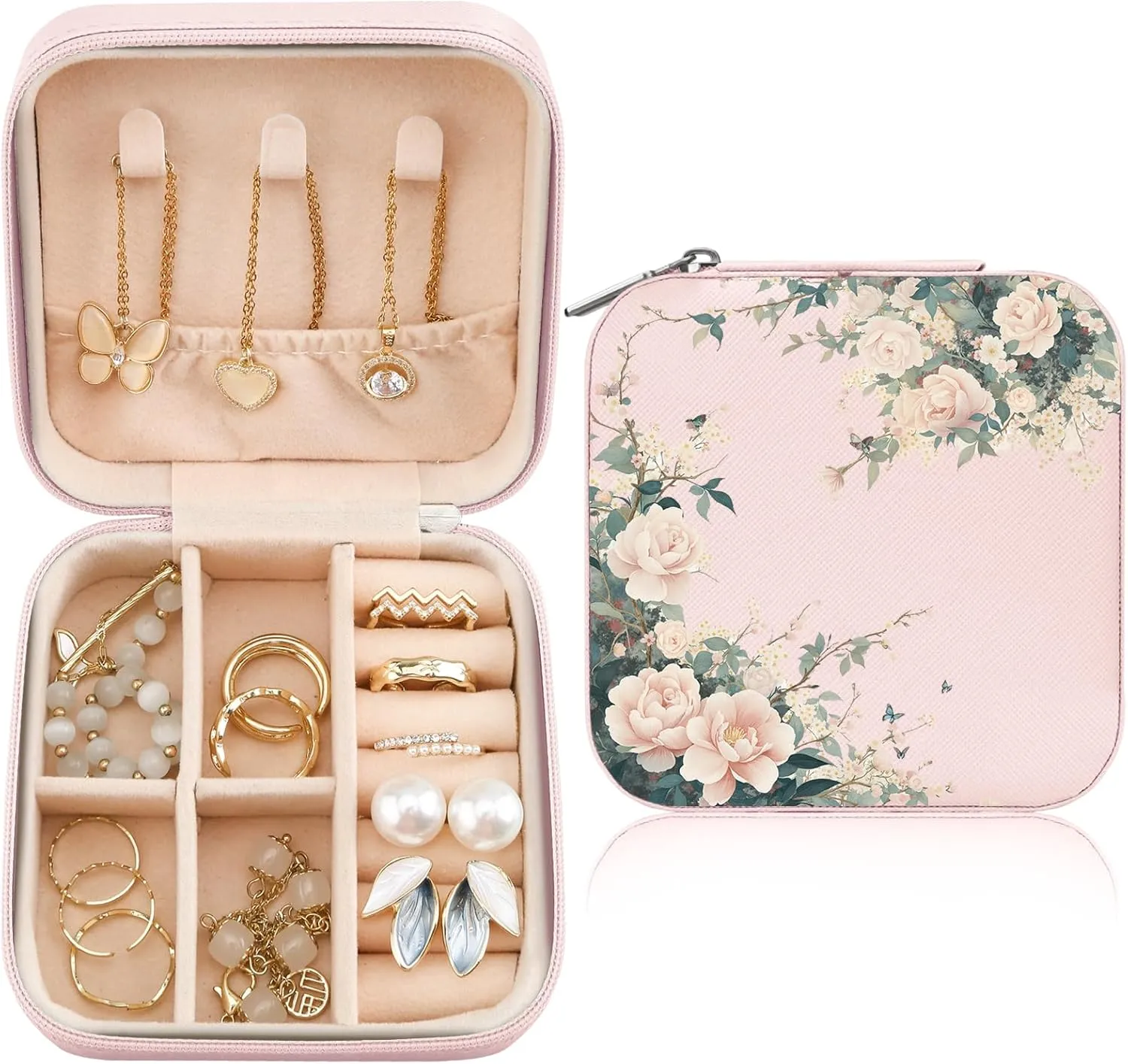 MAYCARI Pink Leather Square Travel Makeup Bag Floral Flowers Art Leather Makeup Case Portable Jewelry Organizer Case for Women Daughter Mother Birthday Christmas Gifts
