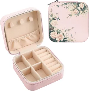 MAYCARI Pink Leather Square Travel Makeup Bag Floral Flowers Art Leather Makeup Case Portable Jewelry Organizer Case for Women Daughter Mother Birthday Christmas Gifts