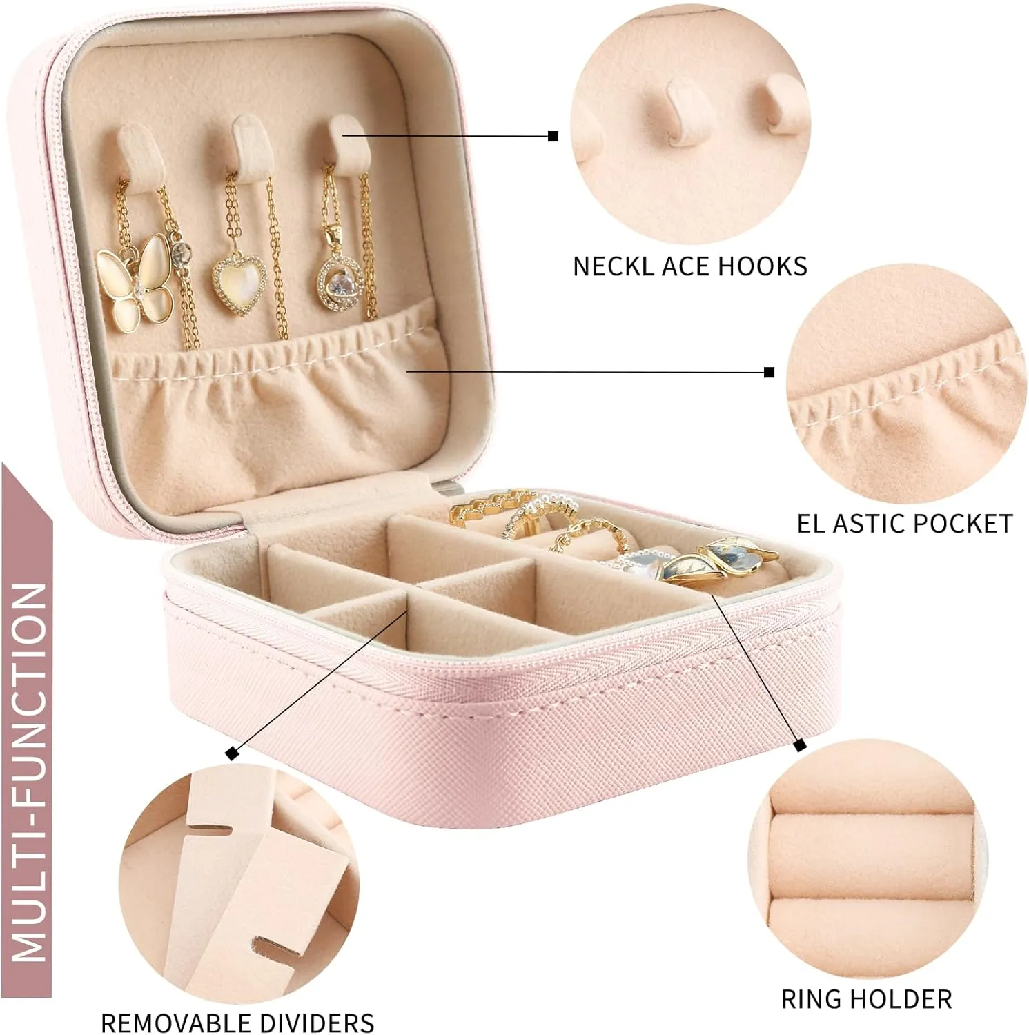 MAYCARI Pink Leather Square Travel Makeup Bag Floral Flowers Art Leather Makeup Case Portable Jewelry Organizer Case for Women Daughter Mother Birthday Christmas Gifts