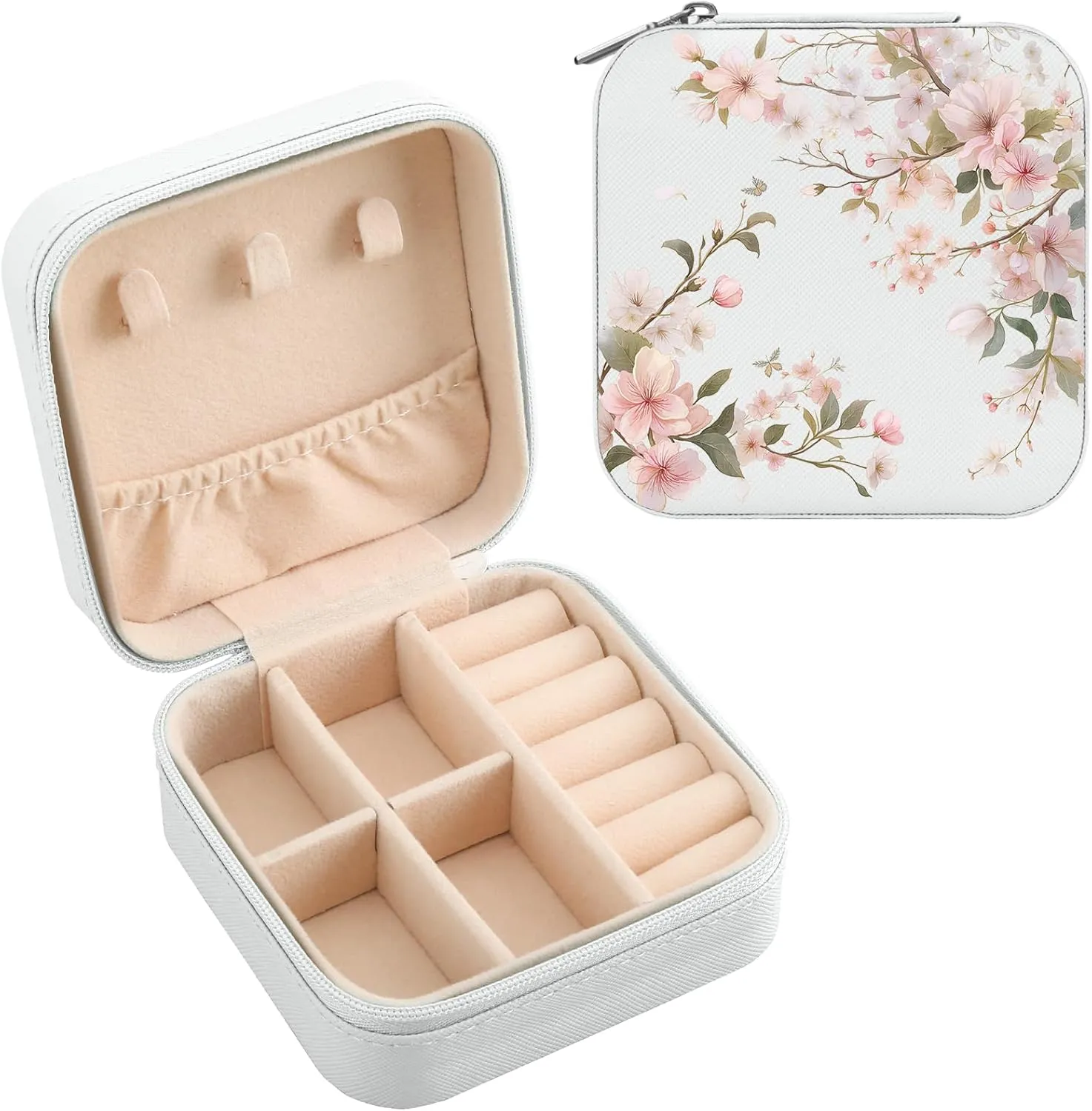 MAYCARI White Leather Square Travel Makeup Bag Floral Bloom FlowersLeather Makeup Case Portable Jewelry Organizer Case for Women Daughter Mother Birthday Christmas Gifts