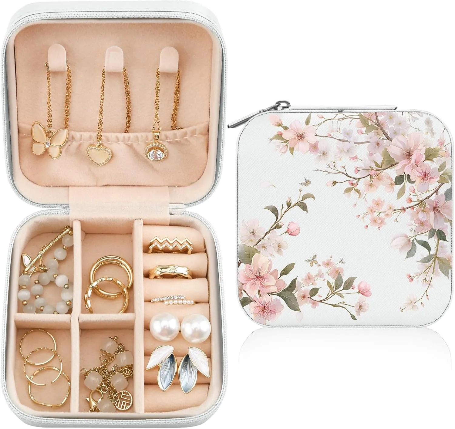 MAYCARI White Leather Square Travel Makeup Bag Floral Bloom FlowersLeather Makeup Case Portable Jewelry Organizer Case for Women Daughter Mother Birthday Christmas Gifts