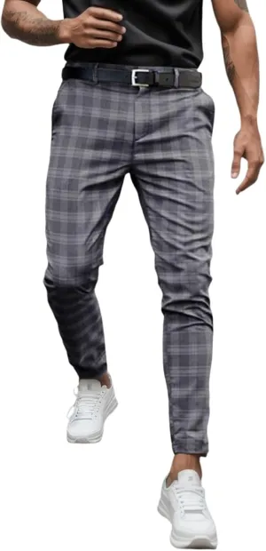 Mens Dress Pants Plaid Slim Fit Casual Golf Pants Zip Off Flat Front Stretch Business Pencil Chino Pants with Pockets