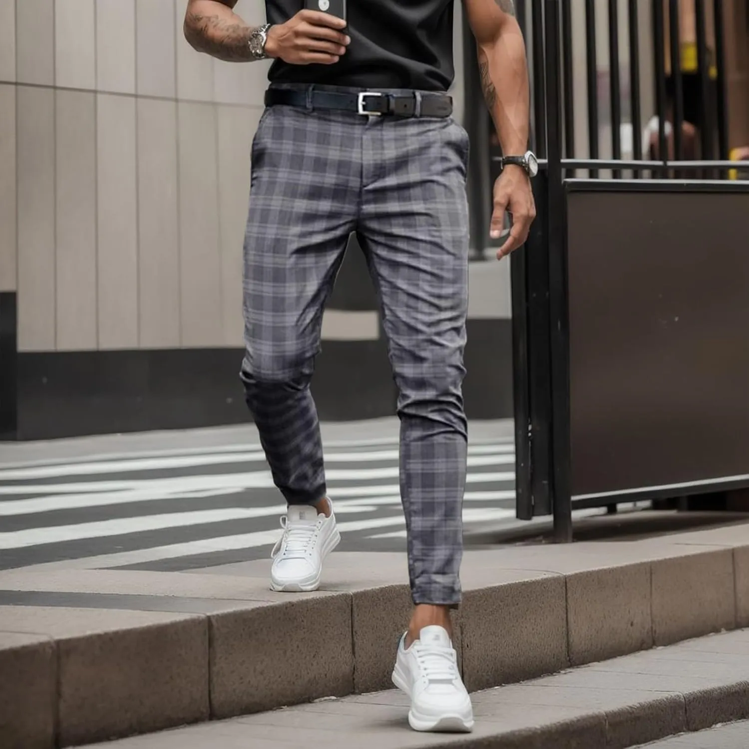 Mens Dress Pants Plaid Slim Fit Casual Golf Pants Zip Off Flat Front Stretch Business Pencil Chino Pants with Pockets