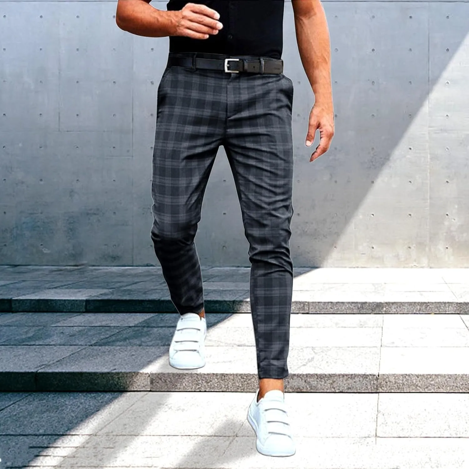 Men's Dress Pants Plaid Stretch Slim Fit Business Pencil Trousers Zip Off Casual Flat Front Chino Pants with Pockets