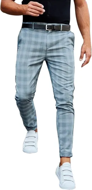 Men's Dress Pants Plaid Stretch Slim Fit Business Pencil Trousers Zip Off Casual Flat Front Chino Pants with Pockets