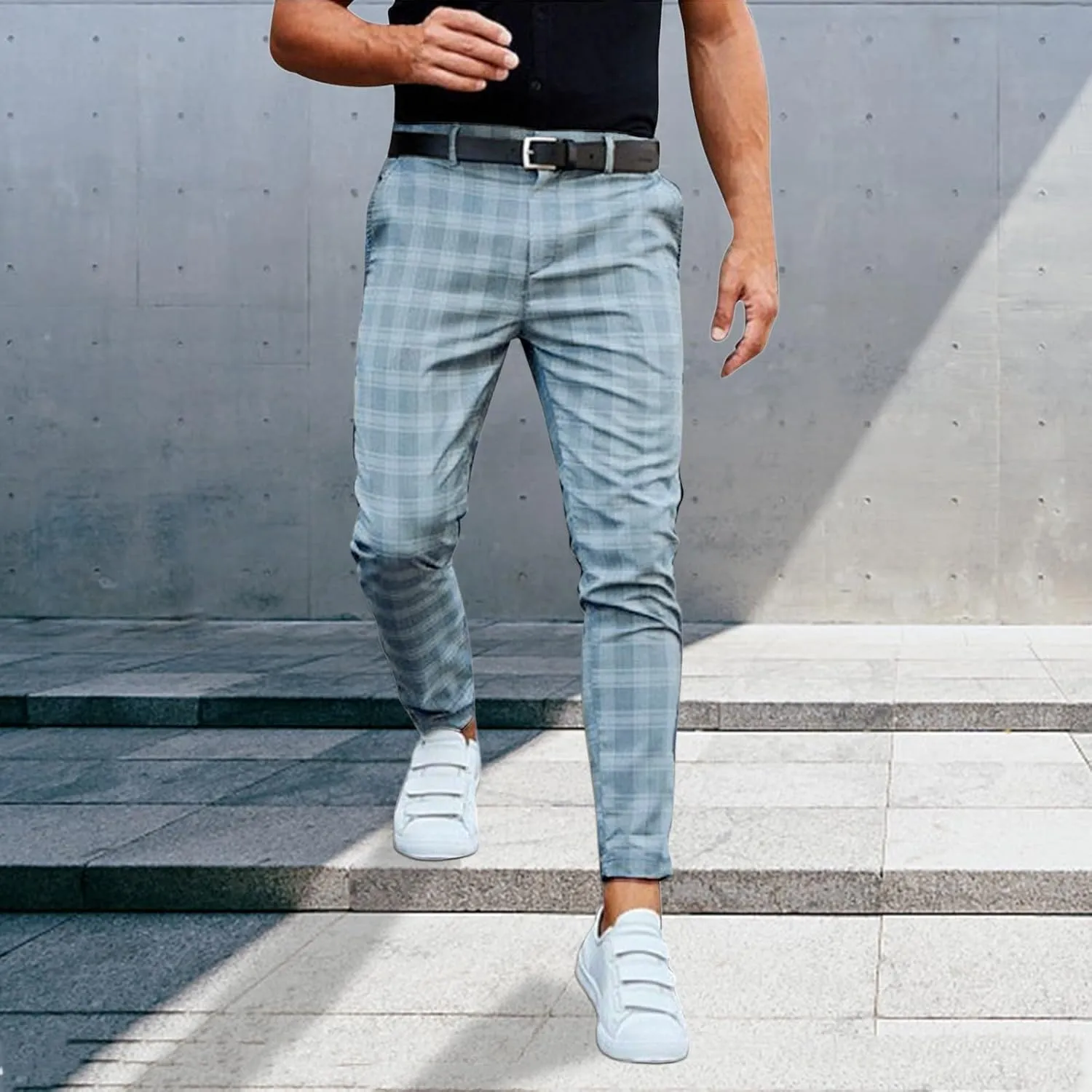 Men's Dress Pants Plaid Stretch Slim Fit Business Pencil Trousers Zip Off Casual Flat Front Chino Pants with Pockets