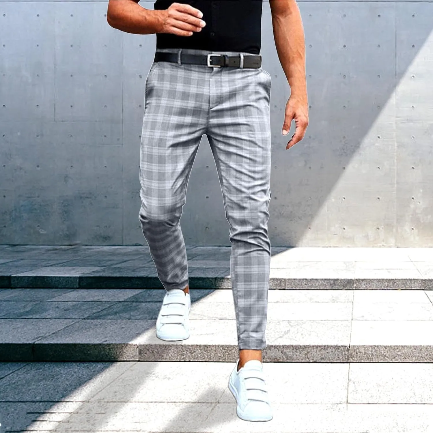 Men's Dress Pants Slim Fit Flat Front Plaid Business Work Pencil Trouser Casual Stretch Golf Chino Pants with Pockets