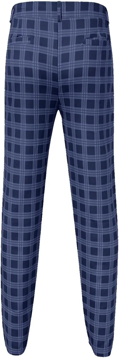 Men's Dress Pants Slim Fit Flat Front Plaid Business Work Pencil Trouser Casual Stretch Golf Chino Pants with Pockets