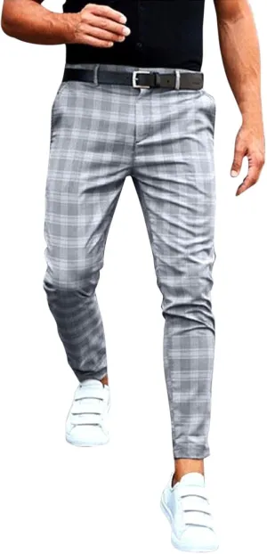 Men's Dress Pants Slim Fit Flat Front Plaid Business Work Pencil Trouser Casual Stretch Golf Chino Pants with Pockets