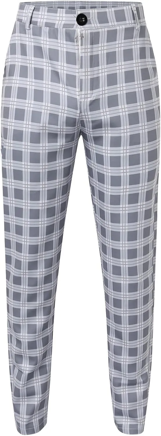 Men's Dress Pants Slim Fit Flat Front Plaid Business Work Pencil Trouser Casual Stretch Golf Chino Pants with Pockets