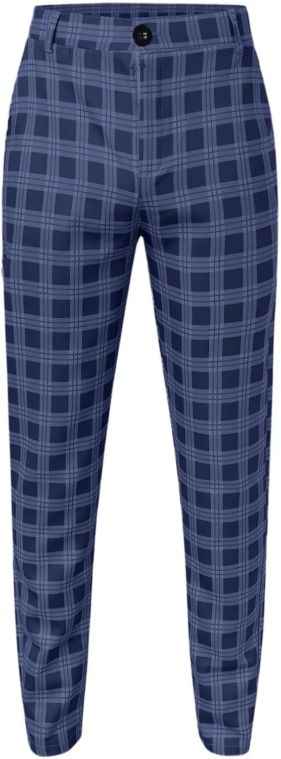 Men's Dress Pants Slim Fit Flat Front Plaid Business Work Pencil Trouser Casual Stretch Golf Chino Pants with Pockets