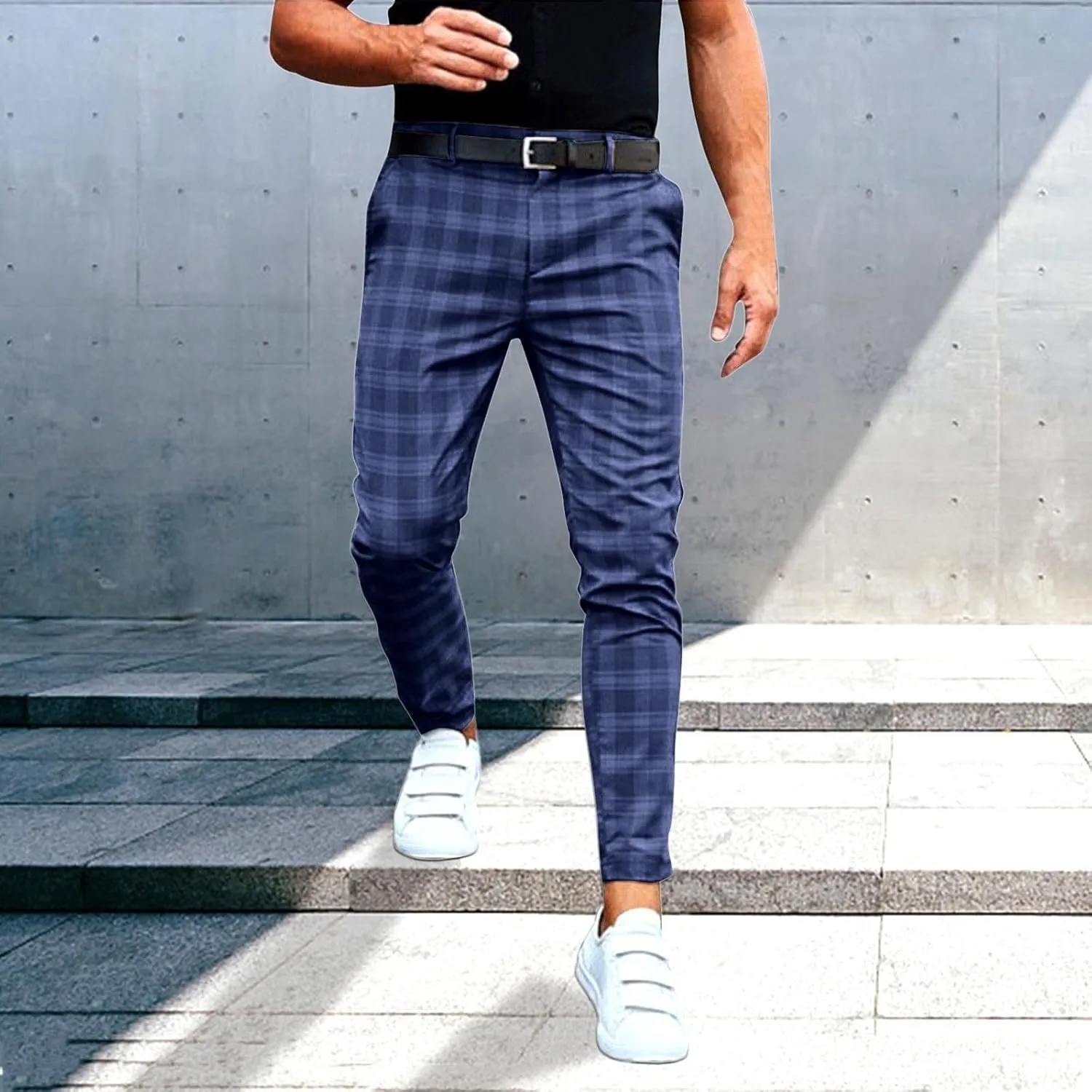 Men's Dress Pants Slim Fit Flat Front Plaid Business Work Pencil Trouser Casual Stretch Golf Chino Pants with Pockets