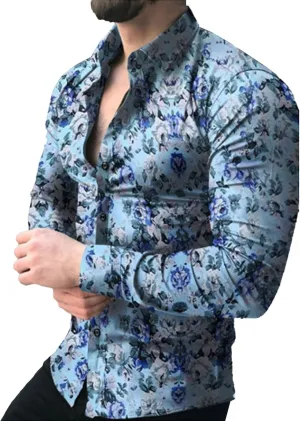 Mens Hawaiian Floral Shirts Slim Fit Long Sleeve Printed Dress Shirt Button Down Tropical Holiday Beach Shirts