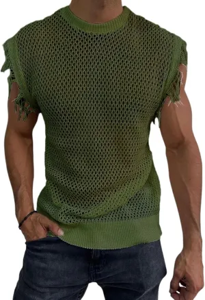 Mens Hollow Out See Through Tank Tops Knitted Crochet T-Shirts Undershirt Muscle Summer Beach Slim Fit Shirts