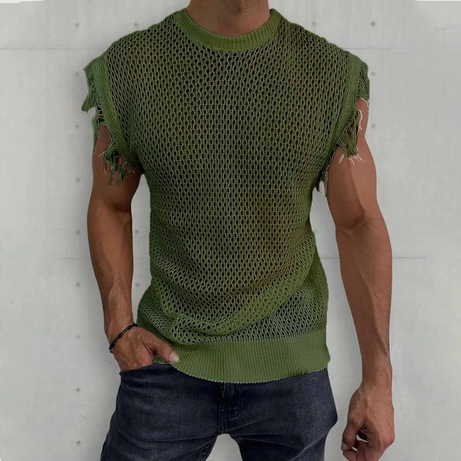 Mens Hollow Out See Through Tank Tops Knitted Crochet T-Shirts Undershirt Muscle Summer Beach Slim Fit Shirts