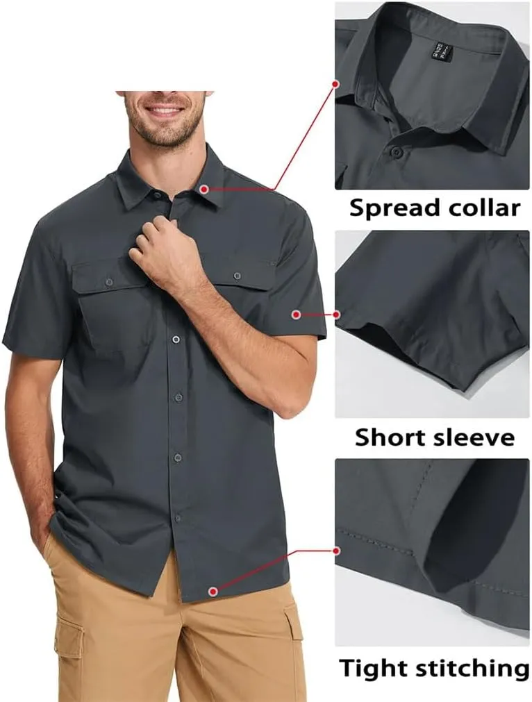 Men's Quick Dry Short Sleeve Shirts Casual Button Up Cargo Shirt Summer Hiking Fishing Work Outdoor Shirts