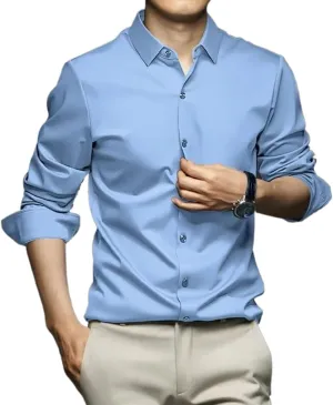 Mens Social Shirt Long Sleeve Solid Color Silk Business Formal Dress Shirts
